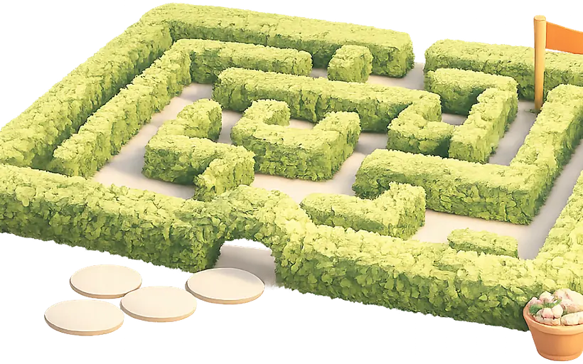 A green hedge maze with a little orange flag at the finish.