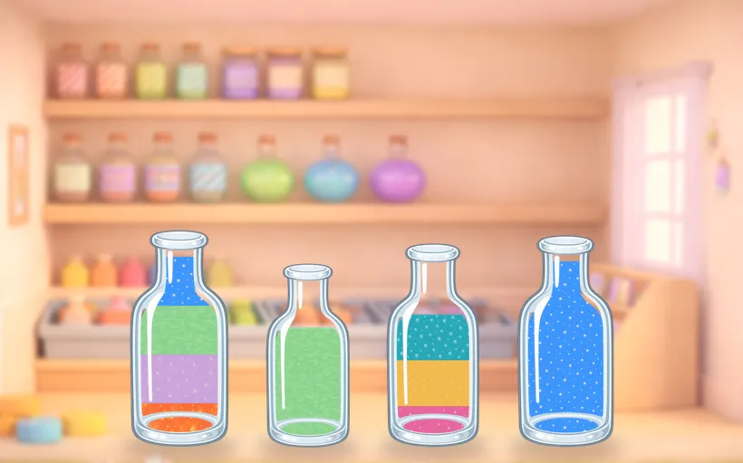 Four glass bottles filled with tidy, sorted layers of colorful potion on a pantry counter.