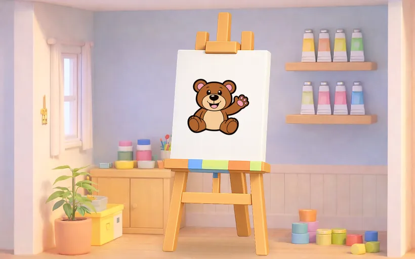 An art-studio easel holding a colorful drawing of a smiling teddy bear, with pastel paint tubes on the shelves.