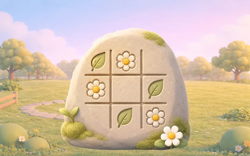A carved mossy rock in a sunny meadow with a tic-tac-toe grid of clay leaves and flowers.
