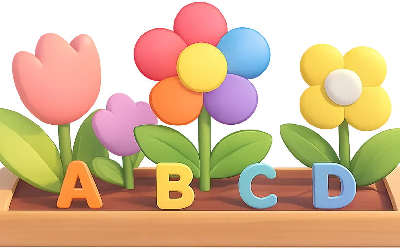 Playful clay flowers spelling A, B, C, D in a garden planter.
